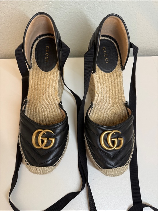 Gucci Shoes - Gucci Black Leather GG Espadrille Wedges with Ribbon Ties